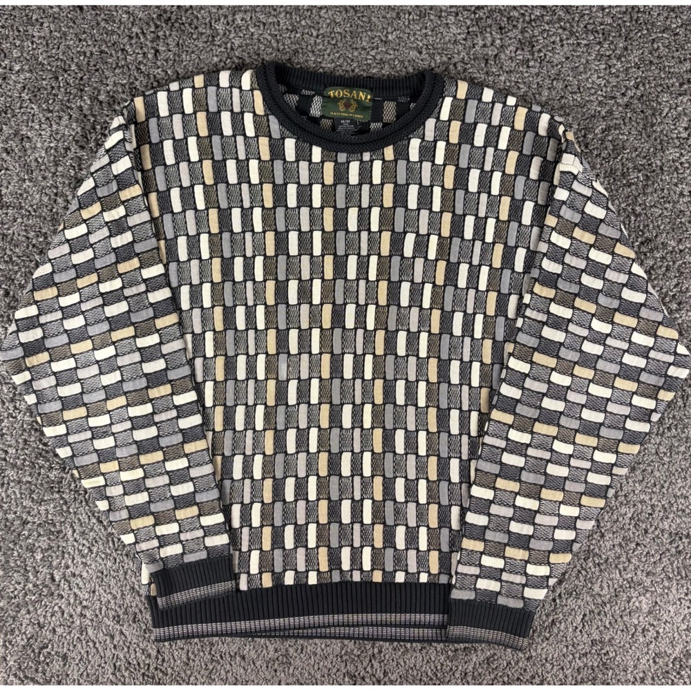 Vintage Tosani 3D Knit Sweater Mens Medium Grey Tan Cotton Made in Canada 90s
